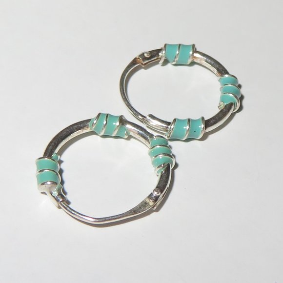 Sterling Silver Green Enamel Accents Hoops Huggies Earrings - Picture 5 of 12